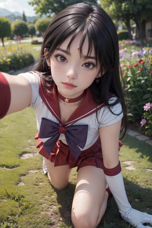 masterpiece, best quality, highres, sama1, tiara, sailor senshi uniform, white gloves, red sailor collar, red skirt, star choker, elbow gloves, bare legs, purple bow, sexy, outdoors, pantyshot, sexy, point of view, full body, want to hug, view from above, kneeling, selfie, happy, busty, caring, laying on grass, reaching toward viewer, reaching, garden