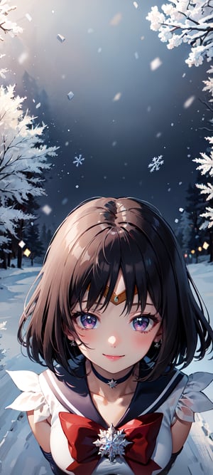 (masterpiece, best quality:1.2), solo, 1girl, solo, 1girl, sailor saturn, magical girl, smile, tiara, sailor senshi uniform, elbow gloves, jewelry, brooch, choker, innocent eyes, busty, black back bow, village, trees, snow, winter, snowflakes, galaxy sky, snow, night, snowflakes, happy, Detailedface, confident, love, soft breast, love, caring, smiling, appreciate,  happy, smile, stars, snow, winter, short hair, dark purple hair, 

small breast, soft breast, busty, ((view from high above)), view from above, ((1girl)), closed mouth, smiling, happy, exciting, caring eyes, anime eyes, upper body only, upper body, stars,sailor saturn