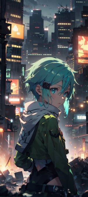 masterpiece, best quality, highres, 1girl, sinon1, scarf, fingerless gloves, long sleeves, short shorts, hair ornament, hairclip, green thighhighs, green jacket, thigh strap,ruins,sinon1, ((upper body only)), loving, exciting, ((portrait)), ((look down)), ((outdoor)), ((city)), ((night)), ((skyscraper)), ((look back))