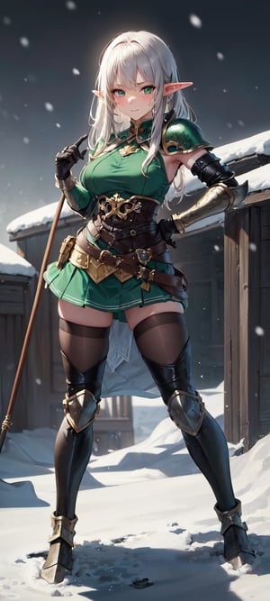 masterpiece, best quality, highres, sv1, solo,highres, ((1girl)), closed mouth, ((looking at viewer)), ((mini skirt)), facing viewer, ((snow)) ((soft breast)), ((medium breast)), ((village)), ((long hair)), ((dark brown hair)), ((light green eyes)), ((black suit leather armor)), ((silver arm bracers)), ((large malachite ring)), ((black leather armor)), ((european girl)), ((elf)), ((Perspective view)), ((sexy)), ((hand on hip)), ((standing))