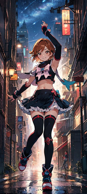 masterpiece, best quality, highres, 1girl, solo, brown eyes, brown hair, dress, short hair, magical girl, brooch, ((full body)), ((big eyes)), stars, ((city)), ((skyscrapers)), night, misumi_nagisa, ((smiling in confident)), ((arm warmer)), ((black leg warmer)), ((energetic)), ((upbeat)), ((spunky)), ((street)), ((crop top))