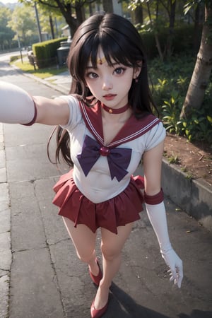masterpiece, best quality, highres, sama1, tiara, sailor senshi uniform, white gloves, red sailor collar, red skirt, star choker, elbow gloves, pleated skirt, bare legs, purple bow, sexy, outdoors, pantyshot, sexy, point of view, full body, want to hug, forest, standing, selfie, happy