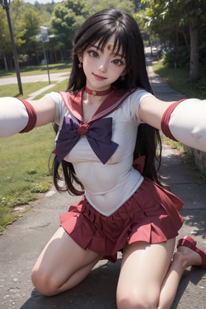 masterpiece, best quality, highres, sama1, tiara, sailor senshi uniform, white gloves, red sailor collar, red skirt, star choker, elbow gloves, bare legs, purple bow, sexy, outdoors, pantyshot, sexy, point of view, full body, want to hug, forest, kneeling, selfie, happy, busty, smile, caring, view from bottom