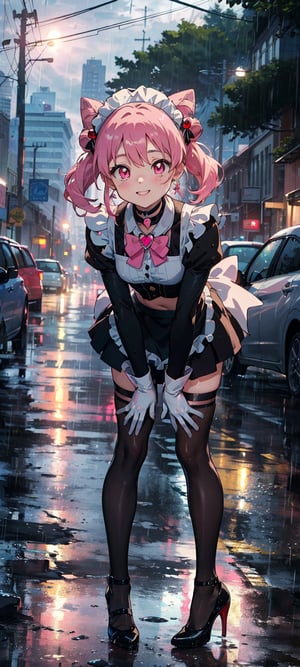 best quality, chibiusa, highres, 1girl, masterpiece, 1girl, pink_hair, ((maid costume)), ((maid cosplay)), ((black thighhigh)), point of view, double bun, parted bangs, tiara, jewelry, earrings, pink choker, ((pink bow)), white gloves, night, smile, point of view, happy, looking at viewer, Detailedface, confident, love, caring, appreciate, pride, caring eyes, caring, comfortable, (((extremely detailed cute anime face))), ((innocent anime eyes)), loving, protecting viewer, ((kind)), ((good hearted)), ((white gloves)), ((mini skirt)), ((fresh color)), ((12 years old)), ((heart brooch)), magical girl, hair ornament, cone hair bun, ((pink eyes)),  (((rainy weather)), ((on a street)), ((full body)), ((black thighhigh)), , ((crop top)), (((((facing viewer))))), (((black high heels))), ((leaning forward)), ((bend down))