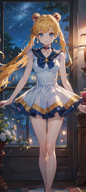 masterpiece, point of view, best quality, highres, 1girl, earrings, double bun, twintails, red choker, smile, golden hair, ((european fashion)), soft breast, happy, confident, pride, smiling,caring, loving, ((pretty)), ((elder sister)), ((cheerful)), ((happy)), ((energetic)), (((extremely detailed cute anime face))), ((night)), ((medium breast)), ((in a room)), (Detailedface, love, soft breast, ((1girl)), closed mouth, caring eyes, anime eyes, ((solo)), ((looking at viewer)), facing viewer, ((pretty sister)), ((pretty)), ((elder sister)), ((stars)) jewelry, ((bare legs)), pink