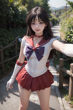 masterpiece, best quality, highres, sama1, tiara, sailor senshi uniform, white gloves, red sailor collar, red skirt, star choker, elbow gloves, bare legs, purple bow, sexy, outdoors, pantyshot, sexy, point of view, full body, want to hug, forest, standing, selfie, happy, busty, smile, caring
