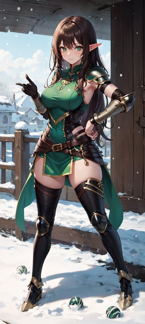 masterpiece, best quality, highres, sv1, solo,highres, ((1girl)), closed mouth, ((looking at viewer)), ((mini skirt)), facing viewer, ((snow)) ((soft breast)), ((medium breast)), ((village)), ((long hair)), ((dark brown hair)), ((light green eyes)), ((black suit leather armor)), ((silver arm bracers)), ((large malachite ring)), ((black leather armor)), ((european girl)), ((elf)), ((Perspective view)), ((sexy)), ((hand on hip)), ((standing))
