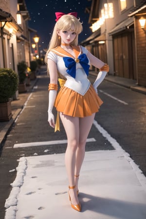 masterpiece, best quality, highres, sv1, sailor senshi uniform, orange skirt, orange heel, elbow gloves, tiara, orange sailor collar, red bow, orange choker, white gloves, jewelry, (1990s \(style\):0.9), view from below, pantyshot, sexy, point of view, full body, snow, night, happy, busty, coming closer, looking at viewer, outdoor, standing, hand on hip