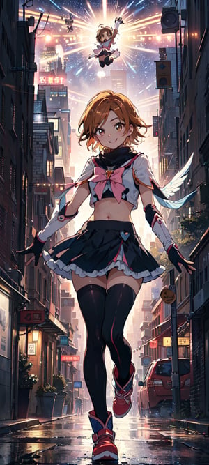 masterpiece, best quality, highres, 1girl, solo, brown eyes, brown hair, dress, short hair, magical girl, brooch, ((full body)), ((big eyes)), stars, ((city)), ((skyscrapers)), night, misumi_nagisa, ((smiling in confident)), ((arm warmer)), ((black leg warmer)), ((energetic)), ((upbeat)), ((spunky)), ((street)), ((crop top))