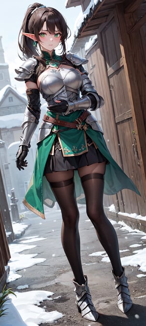 masterpiece, best quality, highres, sv1, solo,highres, ((1girl)), closed mouth, ((looking at viewer)), ((mini skirt)),((snow)) ((soft breast)), ((medium breast)), ((village)), ((long hair)), ((dark brown hair)), ((light green eyes)), ((black suit leather armor)), ((silver arm bracers)), ((large malachite ring)), ((black leather armor)), ((european girl)), ((elf)), ((low angle shot)), ((ponytail)), ((full body))