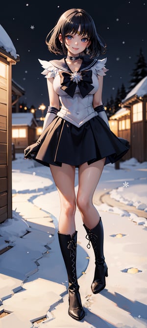 (masterpiece, best quality:1.2), full body, solo, 1girl, sailor saturn, magical girl, smile, tiara, sailor senshi uniform, elbow gloves, jewelry, brooch, choker, full body, boots, innocent eyes, busty, black bow on back, snow, winter, snowflakes, village, cottage, trees, lights, sexy, point of view, full body, snow, night, snowflakes, happy, busty, looking at viewer, Detailedface, confident, love, soft breast, love, caring, smiling, smile, appreciate, point of view, childish