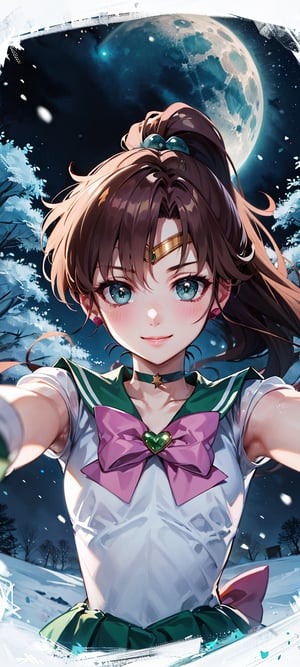 masterpiece, best quality, highres, hmjupiter, strong personality, strong, tough, green eyes, ponytail, tiara, jewelry, sailor senshi uniform, green sailor collar, choker, elbow gloves, white gloves, pink bow, brooch, leotard, green skirt, night, moon, hmjupiter, village, cottage, trees, lights, sexy, point of view, snow, night, snowflakes, happy, busty, looking at viewer, Detailedface, confident, love, soft breast, love, caring, smiling, smile, appreciate, point of view, stars

small breast, soft breast, busty, ((1girl)), closed mouth, smiling, happy, exciting, caring eyes, anime eyes, upper body only, upper body, stars, arms_outstretched