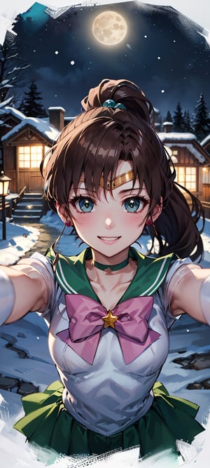masterpiece, best quality, highres, hmjupiter, strong personality, strong, tough, green eyes, ponytail, tiara, jewelry, sailor senshi uniform, green sailor collar, choker, elbow gloves, white gloves, pink bow, brooch, leotard, green skirt, night, moon, hmjupiter, village, cottage, trees, lights, sexy, point of view, snow, night, snowflakes, happy, busty, looking at viewer, Detailedface, confident, love, soft breast, love, caring, smiling, smile, appreciate, point of view, stars

small breast, soft breast, busty, ((1girl)), closed mouth, smiling, happy, exciting, caring eyes, anime eyes, upper body only, upper body, stars, arms_outstretched, view from above, view from high above