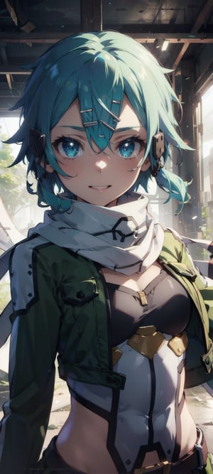 masterpiece, best quality, highres, 1girl, sinon1, scarf, fingerless gloves, long sleeves, short shorts, hair ornament, hairclip, green thighhighs, green jacket, thigh strap,ruins,sinon1, walking towards viewer, incoming hug, ((upper body only)), reaching, walking, happy, want to hug, loving, exciting, ((portrait)), ((open arms towards viewer))