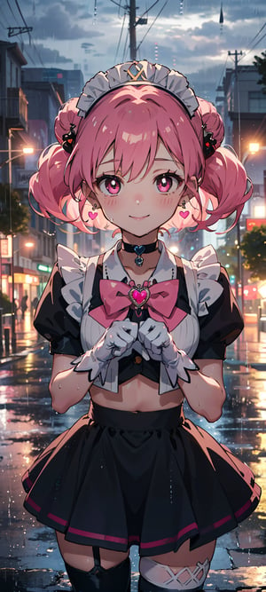 best quality, chibiusa, highres, 1girl, masterpiece, 1girl, pink_hair, ((maid costume)), ((maid cosplay)), ((black thighhigh)), point of view, double bun, parted bangs, tiara, jewelry, earrings, pink choker, ((pink bow)), white gloves, night, smile, point of view, happy, looking at viewer, Detailedface, confident, love, caring, appreciate, pride, caring eyes, caring, comfortable, (((extremely detailed cute anime face))), ((innocent anime eyes)), loving, protecting viewer, ((kind)), ((good hearted)), ((white gloves)), ((mini skirt)), ((fresh color)), ((12 years old)), ((heart brooch)), magical girl, hair ornament, cone hair bun, ((pink eyes)),  (((rainy weather)), ((on a street)), ((full body)), ((black thighhigh)), , (((upper body only))), ((crop top)), (((((facing viewer)))))