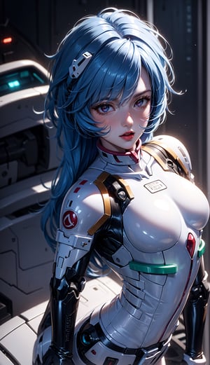 Ayanami Rei a spaceship pilot in a white latex suit with robotic limbs, taking off part of thre suit, in a cyberpunk setting, cyborg, implants, futuristic background, high details, realistic, photorealism, 8k,souryuuasukalangley,insane details ,Hori,frontdoggy,rei ayanami,blue hair