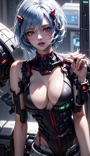 Naked Ayanami Rei a spaceship pilot in a reflective silver bra top which exposes part of her breasts, with robotic limbs, in a cyberpunk setting, cyborg, implants, futuristic background, high details, realistic, photorealism, 8k,souryuuasukalangley,insane details ,Hori,frontdoggy,rei ayanami,blue hair