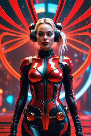 Margot Robbie, Harley Quinn, full body, A intricate close up portrait of a beautiful, neonpunk dystopian SEXY girl , dramatic glitter makeup, Space HELM futuristic lenses art by wlop, Ismail Inceoglu, bagshaw and artgerm, high rossdraws, guweiz and wlop and ilya kuvshinov, makoto shinkai, dynamic, rim light, intricate, sharpened, highest resolution, 8k, octane render, unreal engine, colorful, red and black silk, black lashes background, urban cyberpunk asian city, beautiful scene