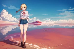 ((Botanical art salar de uyuni background)),
8k resolution, solo, 1 girl, blue sky,
blonde hair, odd eyes, hair ribbon, 
middle hair, hair braids, standing, 
casual_exposure, hot_pants,
red ribbon, mature female, 
(reddish:0.95), (full body:0.99),
(large breasts:0.58),
(nsfw:0.66),



