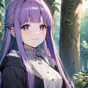 bangs, solo, 1 girl, 1 young girl, bright hair, pale purple hair, straight long_hair, happy smile, 
medium breasts, detailed, 
beautiful, more details, middle age forest,
(smile:0.55),
(nsfw:0.84), 
frn
