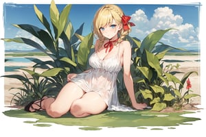 ((Botanical art salar de uyuni background)),
8k resolution, solo, 1 girl, blue sky,
blonde hair, odd eyes, hair ribbon, 
middle hair, hair braids, 
casual_exposure, 
red ribbon, mature female, 
(reddish:0.95), (full body:0.85),
(large breasts:0.58), 
(nsfw:0.66),



