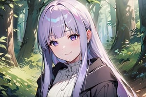 bangs, solo, 1 girl, 1 young girl, bright hair, pale purple hair, straight long_hair, happy smile, 
medium breasts, detailed, 
beautiful, more details, middle age forest,
(smile:0.55),
(nsfw:0.84), 
frn