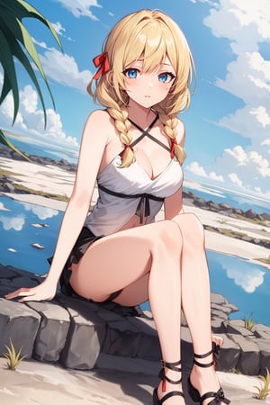 ((Botanical art salar de uyuni background)),
8k resolution, solo, 1 girl, blue sky,

blonde hair, odd eyes, hair ribbon, 
middle hair, hair braids, 
casual_exposure, 
red ribbon, mature female, 
(reddish:0.95), (full body:0.85),
(large breasts:0.58), 
(nsfw:0.66),



