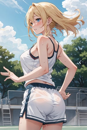 8k resolution, realistic, anime screencap, 
view straight on, standing, petite, a cute girl, (large breasts:1.2), bangs, hair pulled back sidelocks, pale blonde hair, solo, 1 girl,
blonde short hair, flowing hair, floating hair,
necklace, ring, collarbones, school playground, 
blue sky, (dolphin_shorts:0.9), tanktop,
(sweaty top clothes:1.3), plastered,
(running:0.9), (smile:0.55), ass up, (nsfw:0.8),
perfect