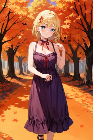 ((Botanical art Halloween night background)),
8k resolution, solo, 1 girl,
lots of maple leaves trees with red leaves,
blonde hair, blue eyes, hair ribbon, 
short hair, hair braids, 
casual_exposure, 
red ribbon, mature female, 
(reddish:0.95), (full body:0.85),
(large breasts:0.58), 
(nsfw:0.66),



