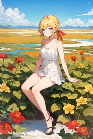 ((Botanical art salar de uyuni background)),
8k resolution, solo, 1 girl, blue sky,
blonde hair, odd eyes, hair ribbon, 
middle hair, hair braids, 
casual_exposure, 
red ribbon, mature female, 
(reddish:0.95), (full body:0.85),
(large breasts:0.58), 
(nsfw:0.66),



