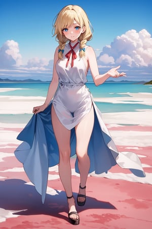 ((Botanical art salar de uyuni background)),
8k resolution, solo, 1 girl, blue sky,
blonde hair, odd eyes, hair ribbon, 
middle hair, hair braids, standing,
(casual_nudity:0.57),
red ribbon, mature female, 
(smile:0.55), (full body:0.99),
(large breasts:0.58), 




