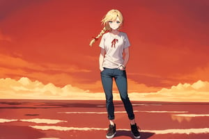 ((Botanical art salar de uyuni background)),
8k resolution, solo, 1 girl, blue sky,
blonde hair, odd eyes, hair ribbon, 
middle hair, hair braids, standing, 
casual_exposure, hot_pants,
red ribbon, mature female, 
(reddish:0.95), (full body:0.99),
(large breasts:0.58), 
(nsfw:0.66),



