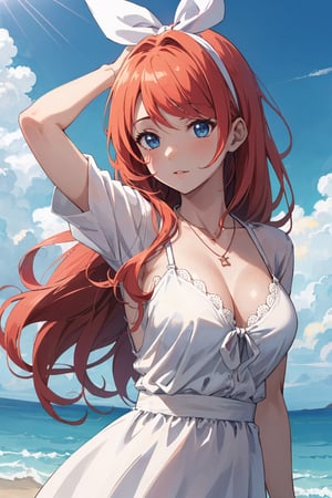 realistic, anime screencap, view straight on, standing, petite, a cute girl, (large breasts:1.25), bangs, hair pulled back, floating hair, sidelocks, pale red hair, flowing hair, bright skin, ribbon, necklace, ring, white shirt, collarbones, outdoors, blue sky, 8k resolution, 18 years old,
(bra:0.95), (smile:0.55),
hand, fingers, Kagamine Rin, Anime