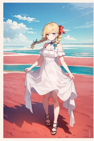 ((Botanical art salar de uyuni background)),
8k resolution, solo, 1 girl, blue sky,
blonde hair, odd eyes, hair ribbon, 
middle hair, hair braids, 
(casual_nudity:0.57),
red ribbon, mature female, 
(smile:0.55), (full body:0.99),
(large breasts:0.58), 




