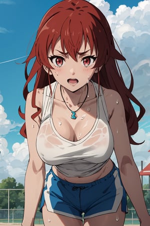 8k resolution, realistic, anime screencap, 
petite, a cute girl, (large breasts:1.2), 
bangs, solo, 1 girl, push up,
necklace, ring, collarbones, school playground, 
blue sky, (dolphin_shorts:0.9), tanktop,
(sweaty top clothes:1.3), (plastered:1.1),
(running:0.9), (smile:0.55), (nsfw:0.85),

