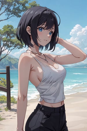 8k resolution, realistic, anime screencap, 
view straight on, standing, petite, a cute girl, (large breasts:1.25), bangs, hair pulled back sidelocks, pale black hair, 
flowing short hair, 
necklace, ring, collarbones, urban outdoors, 
blue sky, 
(topbra:0.95), (smile:0.55), ass up feed,
hand, fingers, Kagamine Rin, Anime