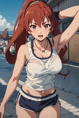 8k resolution, realistic, anime screencap, 
view straight on, standing, petite, a cute girl, (large breasts:1.2), bangs, hair pulled back sidelocks, pale blonde hair, solo, 1 girl,
blonde short hair, flowing hair, floating hair,
necklace, ring, collarbones, school playground, 
blue sky, (dolphin_shorts:0.9), tanktop,
(sweaty top clothes:1.3), (plastered:1.1),
(running:0.9), (smile:0.55), (nsfw:0.8),

