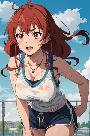 8k resolution, realistic, anime screencap, 
petite, a cute girl, (large breasts:1.2), 
bangs, solo, 1 girl,
necklace, ring, collarbones, school playground, 
blue sky, (dolphin_shorts:0.9), tanktop,
(sweaty top clothes:1.3), (plastered:1.1),
(running:0.9), (smile:0.55), (nsfw:0.8),

