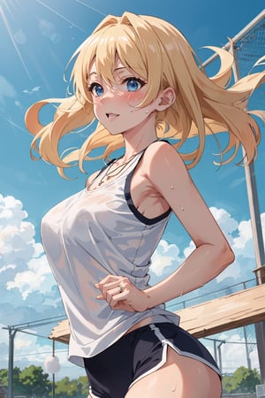 8k resolution, realistic, anime screencap, 
view straight on, standing, petite, a cute girl, (large breasts:1.2), bangs, hair pulled back sidelocks, pale blonde hair, solo, 1 girl,
blonde short hair, flowing hair, floating hair,
necklace, ring, collarbones, school playground, 
blue sky, (dolphin_shorts:0.9), tanktop,
(sweaty top clothes:1.3), (plastered:1.1),
(running:0.9), (smile:0.55), (nsfw:0.8),
perfect