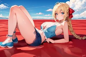 ((Botanical art salar de uyuni background)),
8k resolution, solo, 1 girl, blue sky,
blonde hair, odd eyes, hair ribbon, 
middle hair, hair braids, 
casual_exposure, 
red ribbon, mature female, 
(reddish:0.95), (full body:0.85),
(large breasts:0.58), 
(nsfw:0.66),



