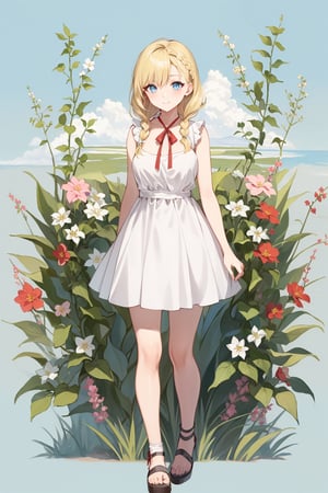 ((Botanical art salar de uyuni background)),
8k resolution, solo, 1 girl, blue sky,
blonde hair, odd eyes, hair ribbon, 
middle hair, hair braids, standing,
(casual_nudity:0.57),
red ribbon, mature female, 
(smile:0.55), (full body:0.99),
(large breasts:0.58), 




