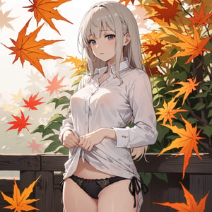 ((Botanical art lots of maple leaves background)),
8k resolution, realistic, anime screencap, 
petite, a cute girl, 
(large breasts:0.95), bangs, hair pulled back sidelocks, (pale hair), solo, 1 girl,
flowing hair, 
top casual shirt,
(pussy net panties:1.01),
(breasts visible:1.13),
(pussy visible:0.91),
(nsfw:0.87), 
