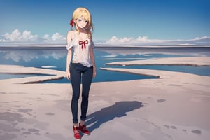 ((Botanical art salar de uyuni background)),
8k resolution, solo, 1 girl, blue sky,
blonde hair, odd eyes, hair ribbon, 
middle hair, hair braids, standing, 
casual_exposure, hot_pants,
red ribbon, mature female, 
(reddish:0.95), (full body:0.99),
(large breasts:0.58),
(nsfw:0.66),



