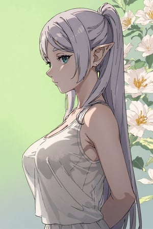 ((Botanical art bedroom background)),
8k resolution, realistic, anime screencap, 
 a cute girl, 
(large breasts:1.25), bangs, hair pulled back sidelocks, (pale hair), solo, 1 girl,
flowing hair, elf ear, 
(short tank top:1.06),
(see through:1.41),
(nsfw:0.83), (full body:0.95),
perfect, hand, frieren, looking-at-viewer