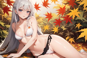 ((Botanical art lots of maple leaves background)),
8k resolution, realistic, anime screencap, 
petite, a cute girl, 
(large breasts:0.95), bangs, hair pulled back sidelocks, (pale hair), solo, 1 girl,
flowing hair, casual,
(sexy net panties:1.01),
(breasts visible:1.13),
(pussy visible:0.91),
(nsfw:0.87), 
