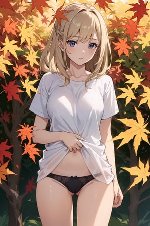 ((Botanical art lots of maple leaves background)),
8k resolution, realistic, anime screencap, 
petite, a cute girl, 
(large breasts:0.95), bangs, hair pulled back sidelocks, (pale hair), solo, 1 girl,
flowing hair, 
top casual shirt,
(pussy net panties:1.01),
(breasts visible:1.13),
(pussy visible:0.91),
(nsfw:0.87), 
