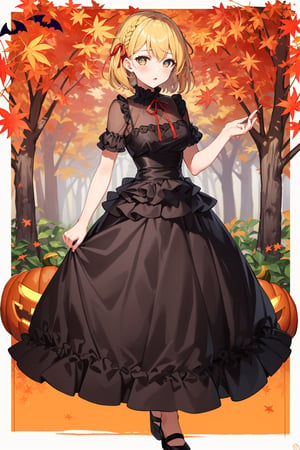 ((Botanical art Halloween night background)),
8k resolution, solo, 1 girl,
lots of maple leaves trees with red and yellow leaves,
blonde hair, odd eyes, hair ribbon, 
short hair, hair braids, 
casual_exposure, 
red ribbon, mature female, 
(reddish:0.95), (full body:0.85),
(large breasts:0.58), 
(nsfw:0.66),



