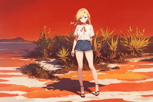 ((Botanical art salar de uyuni background)),
8k resolution, solo, 1 girl, blue sky,
blonde hair, odd eyes, hair ribbon, 
middle hair, hair braids, 
casual_exposure, 
red ribbon, mature female, 
(reddish:0.95), (full body:0.99),
(large breasts:0.58), 
(nsfw:0.66),



