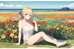 ((Botanical art salar de uyuni background)),
8k resolution, solo, 1 girl, blue sky,
blonde hair, odd eyes, hair ribbon, 
middle hair, hair braids, 
casual_exposure, 
red ribbon, mature female, 
(reddish:0.95), (full body:0.85),
(large breasts:0.58), 
(nsfw:0.66),



