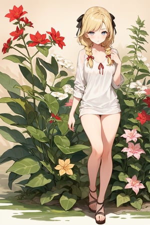 ((Botanical art salar de uyuni background)),
8k resolution, solo, 1 girl,

blonde hair, odd eyes, hair ribbon, 
middle hair, hair braids, 
casual_exposure, 
red ribbon, mature female, 
(reddish:0.95), (full body:0.85),
(large breasts:0.58), 
(nsfw:0.66),



